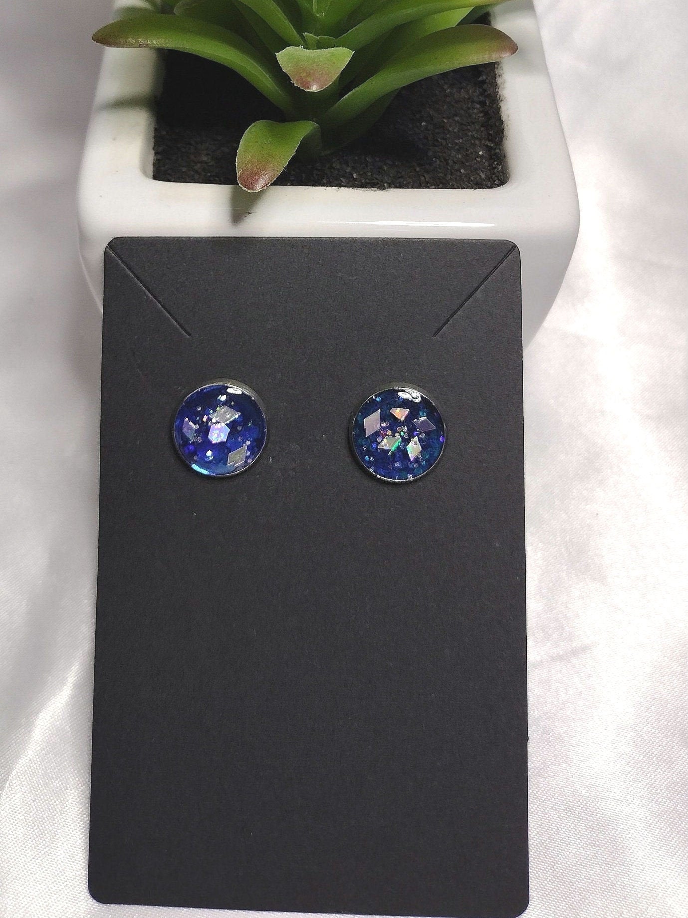 Blue glitter Cabochon stainless Steel Earrings
