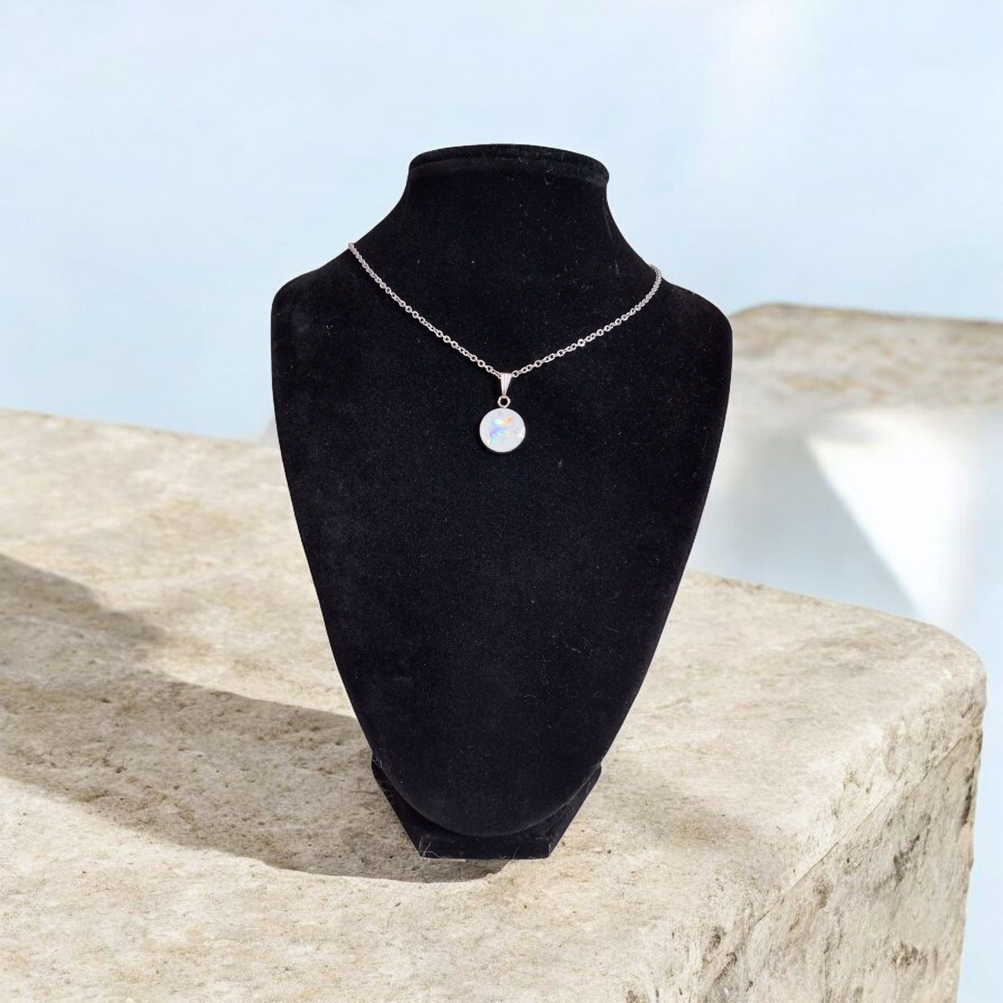 White Cabochon Stainless Steel Necklace