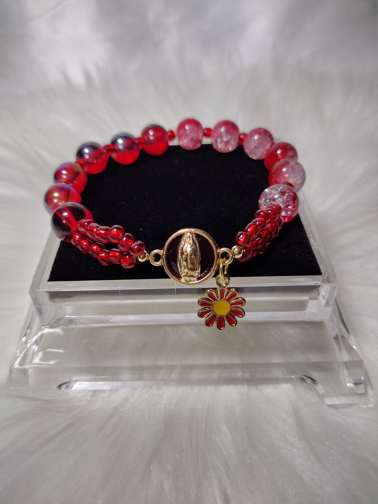 Red Virgin Mary  Daisy Glass Bead Bracelet