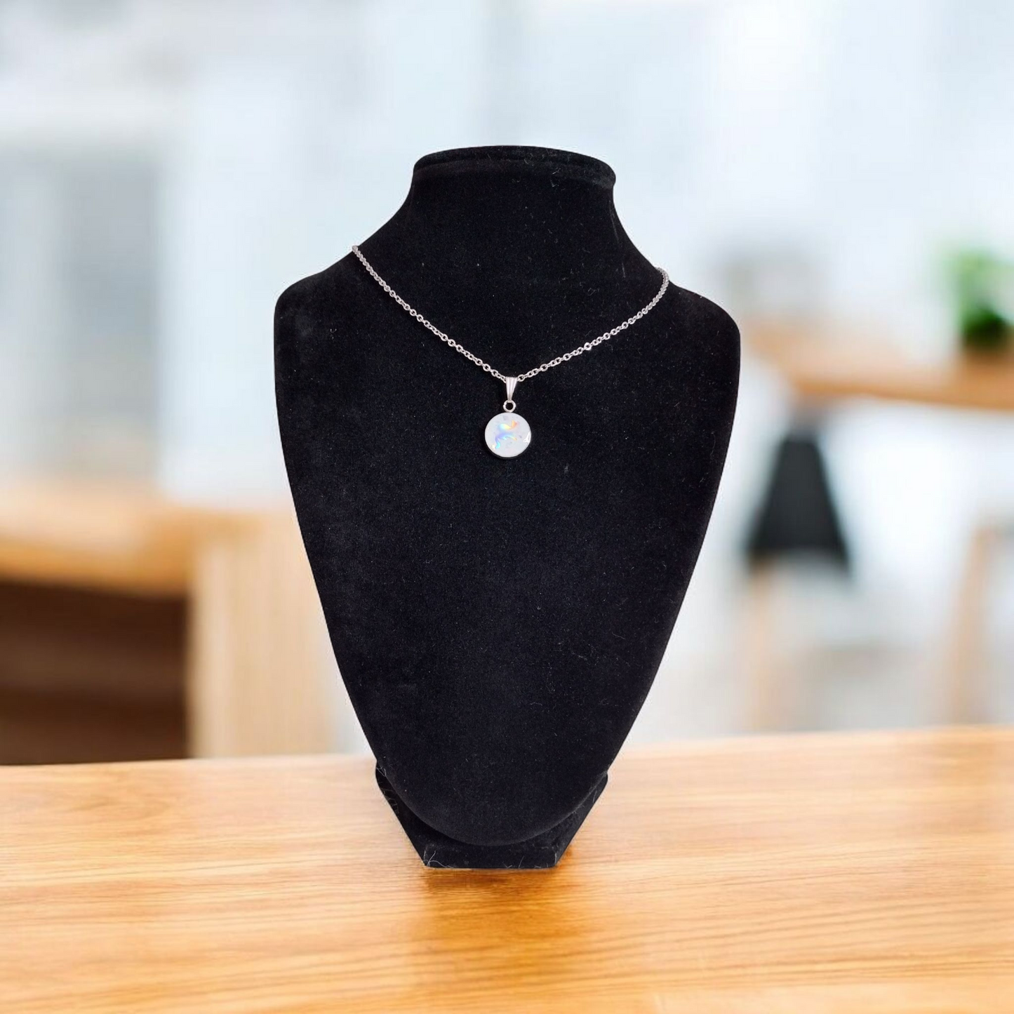 White Cabochon Stainless Steel Necklace