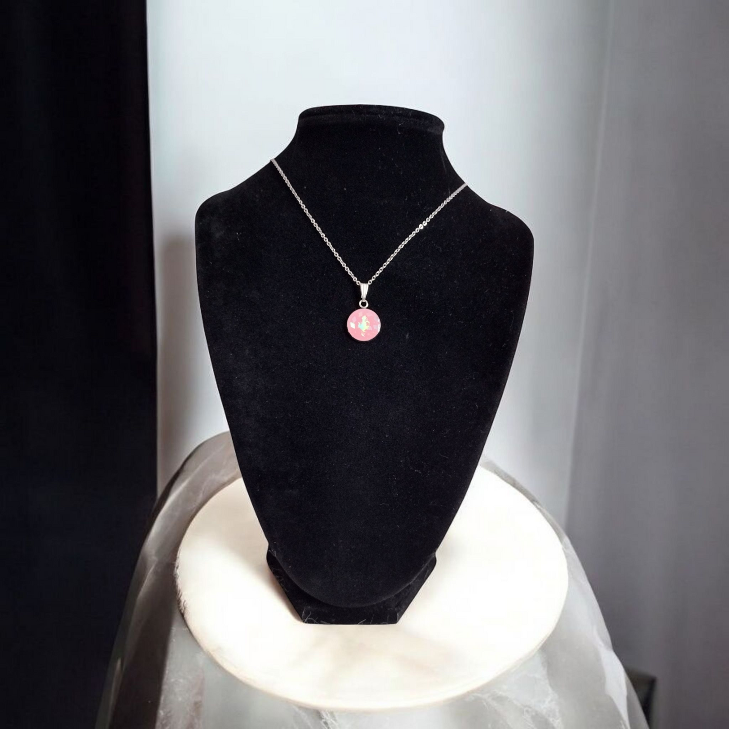 Pink Cabochon Stainless Steel Necklace