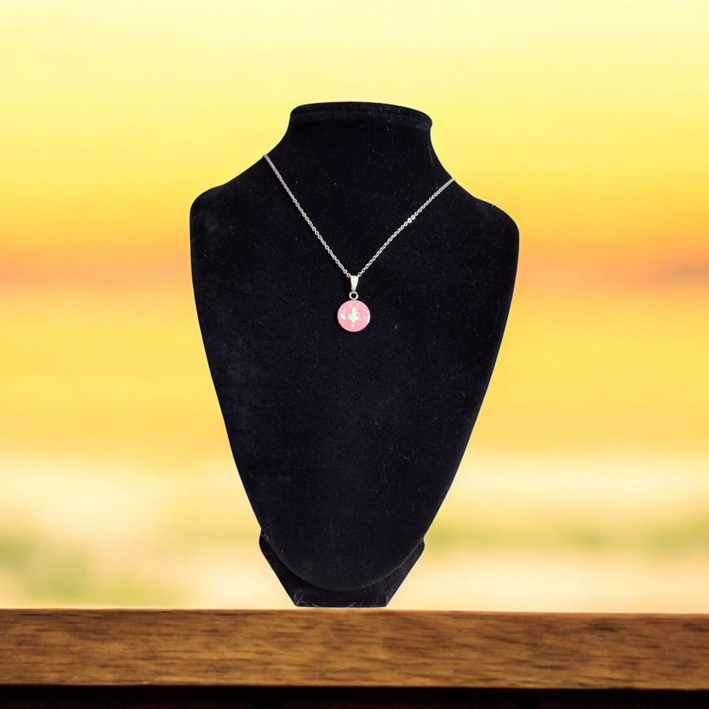 Pink Cabochon Stainless Steel Necklace